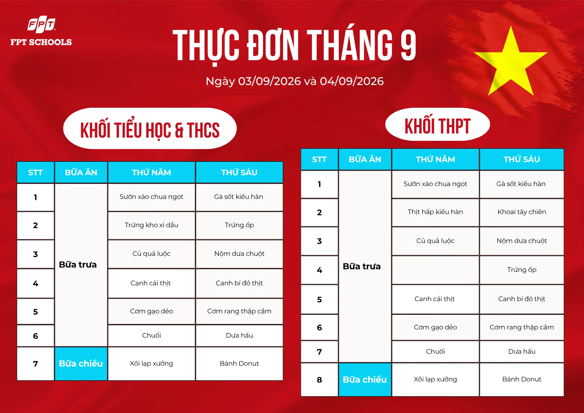 THỰC ĐƠN DINH DƯỠNG THÁNG 9 NĂM 2026 – FPT SCHOOL BẮC GIANG. - FPT Education THỰC ĐƠN DINH DƯỠNG THÁNG 9 NĂM 2026 – FPT SCHOOL BẮC GIANG. | FPT Schools