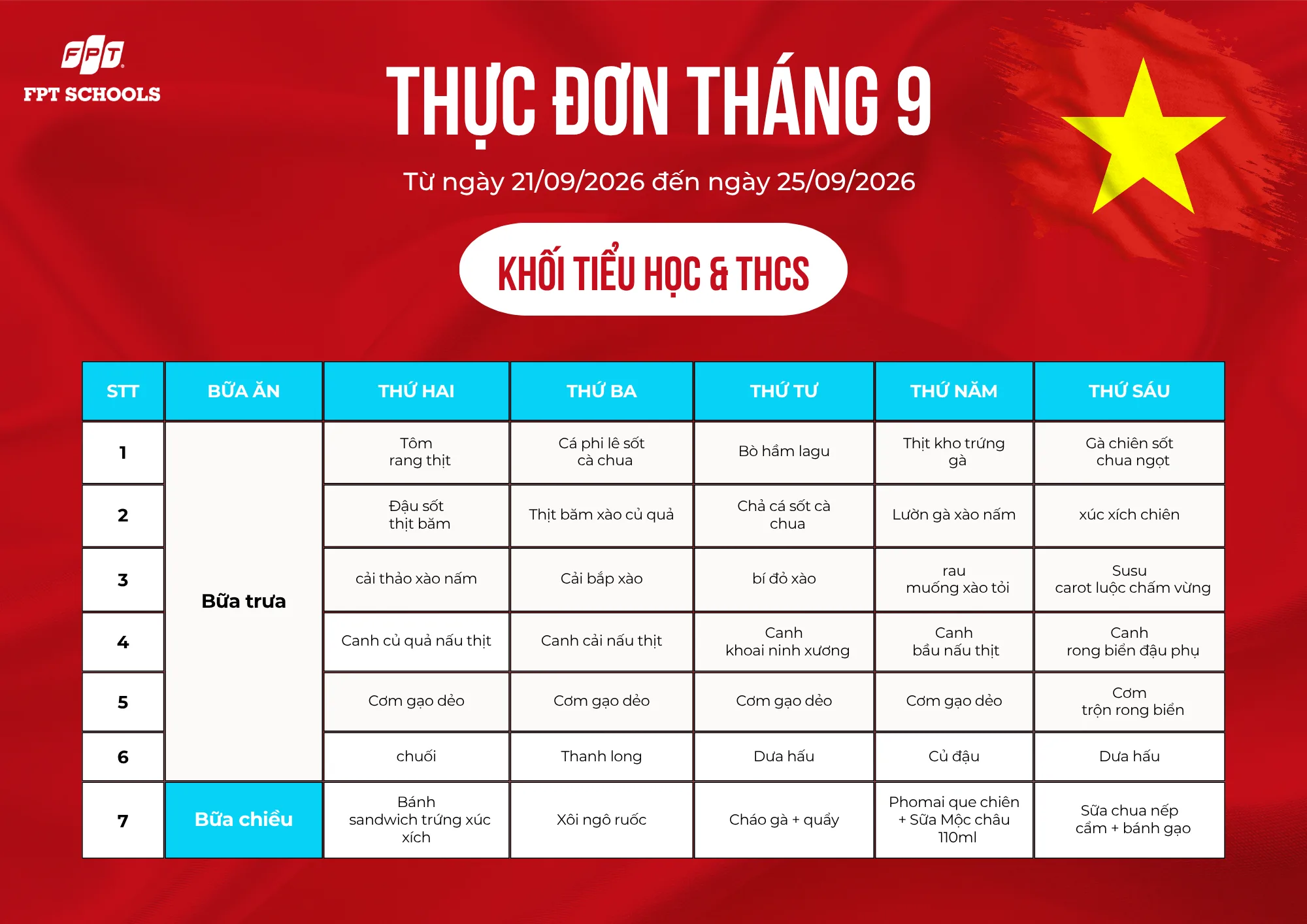 THỰC ĐƠN DINH DƯỠNG THÁNG 9 NĂM 2026 – FPT SCHOOL BẮC GIANG. - FPT Education THỰC ĐƠN DINH DƯỠNG THÁNG 9 NĂM 2026 – FPT SCHOOL BẮC GIANG. | FPT Schools