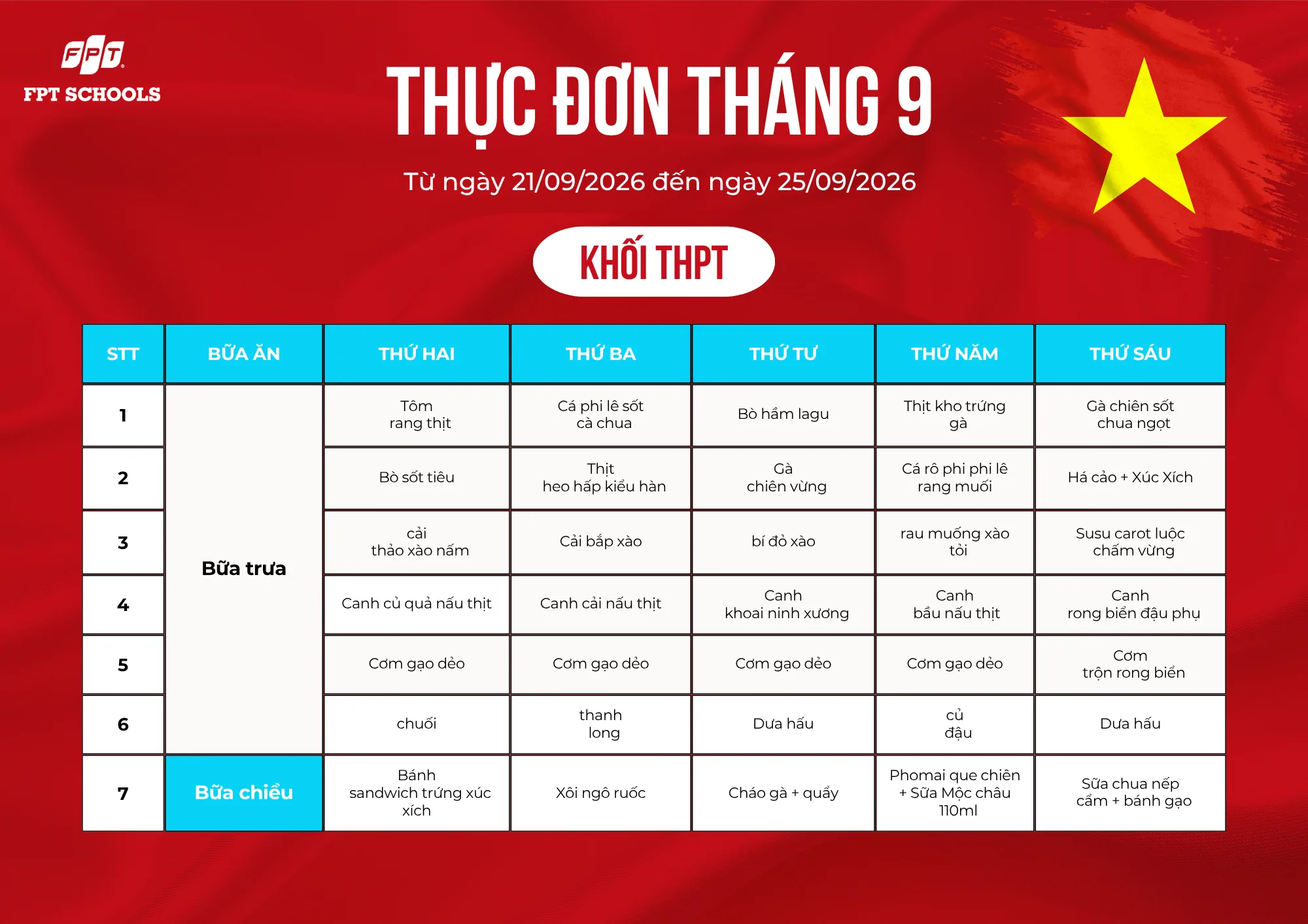 THỰC ĐƠN DINH DƯỠNG THÁNG 9 NĂM 2026 – FPT SCHOOL BẮC GIANG. - FPT Education THỰC ĐƠN DINH DƯỠNG THÁNG 9 NĂM 2026 – FPT SCHOOL BẮC GIANG. | FPT Schools