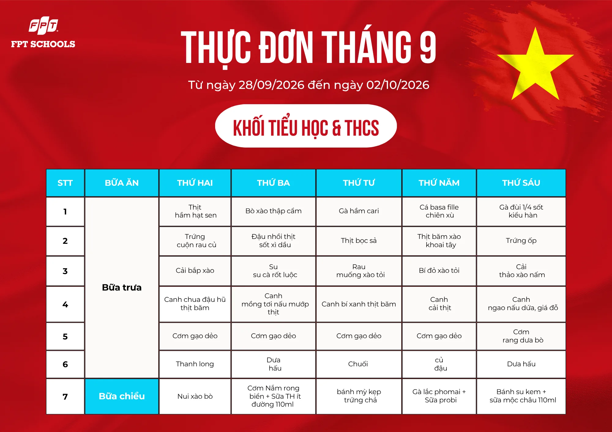 THỰC ĐƠN DINH DƯỠNG THÁNG 9 NĂM 2026 – FPT SCHOOL BẮC GIANG. - FPT Education THỰC ĐƠN DINH DƯỠNG THÁNG 9 NĂM 2026 – FPT SCHOOL BẮC GIANG. | FPT Schools