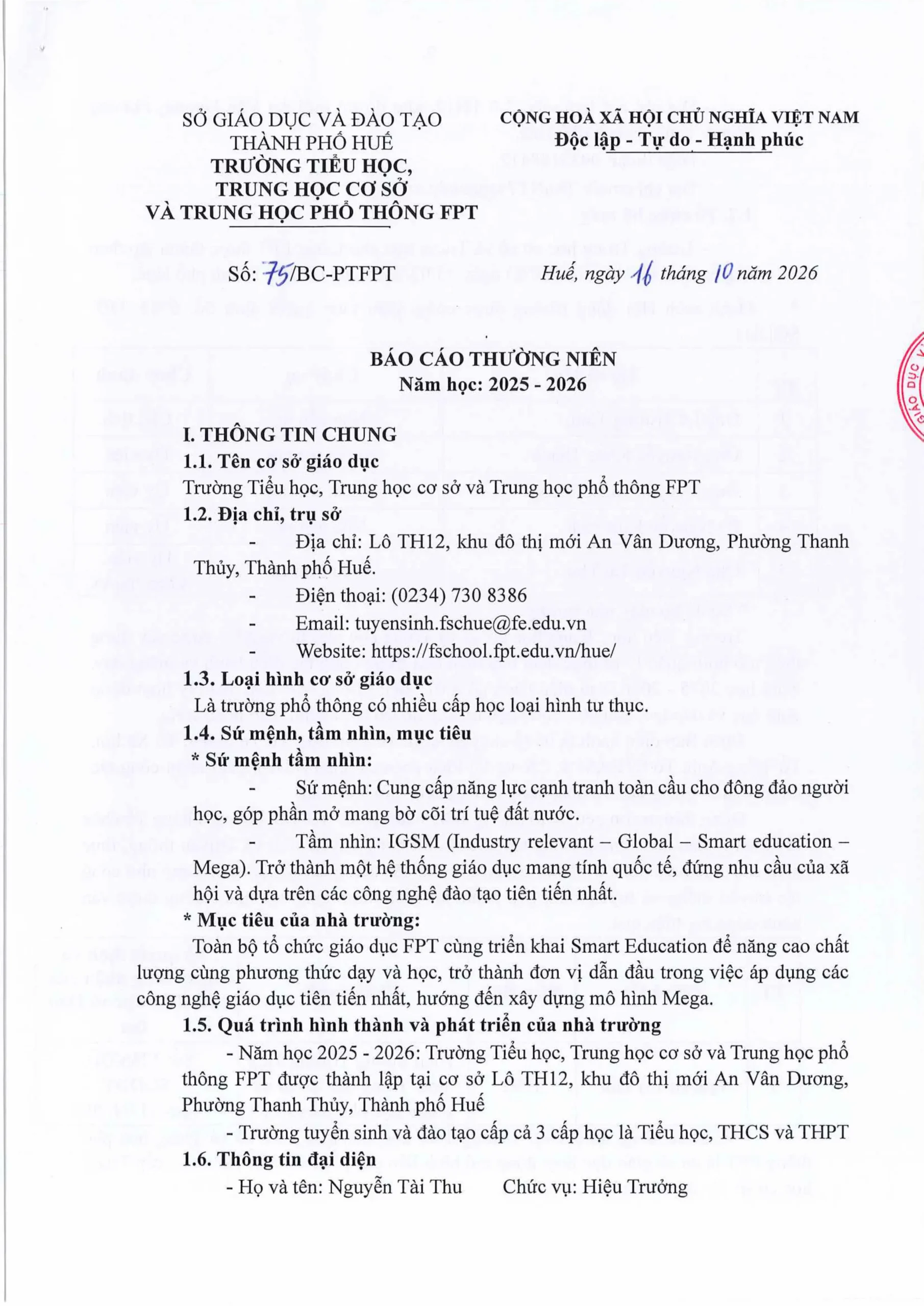 BÁO CÁO THƯỜNG NIÊN NĂM HỌC 2025 2026 FPT SCHOOL HUẾ | FPT Schools