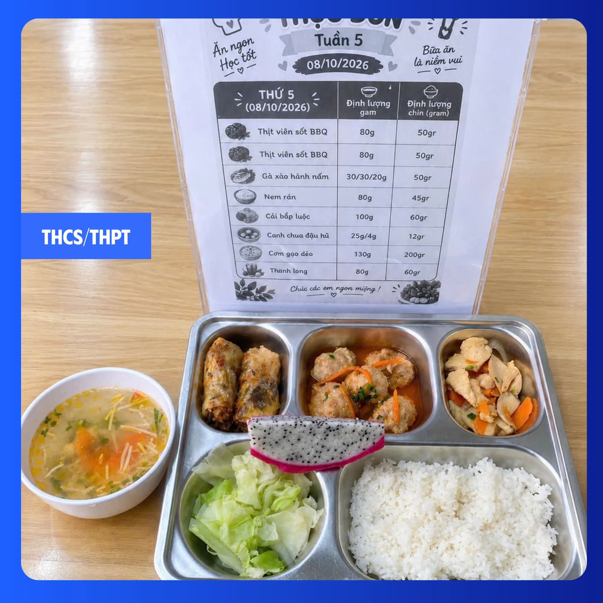 Suất ăn bán trú tại FPT School Hà Nam ngày 08/10/2026 - THCS & THPT