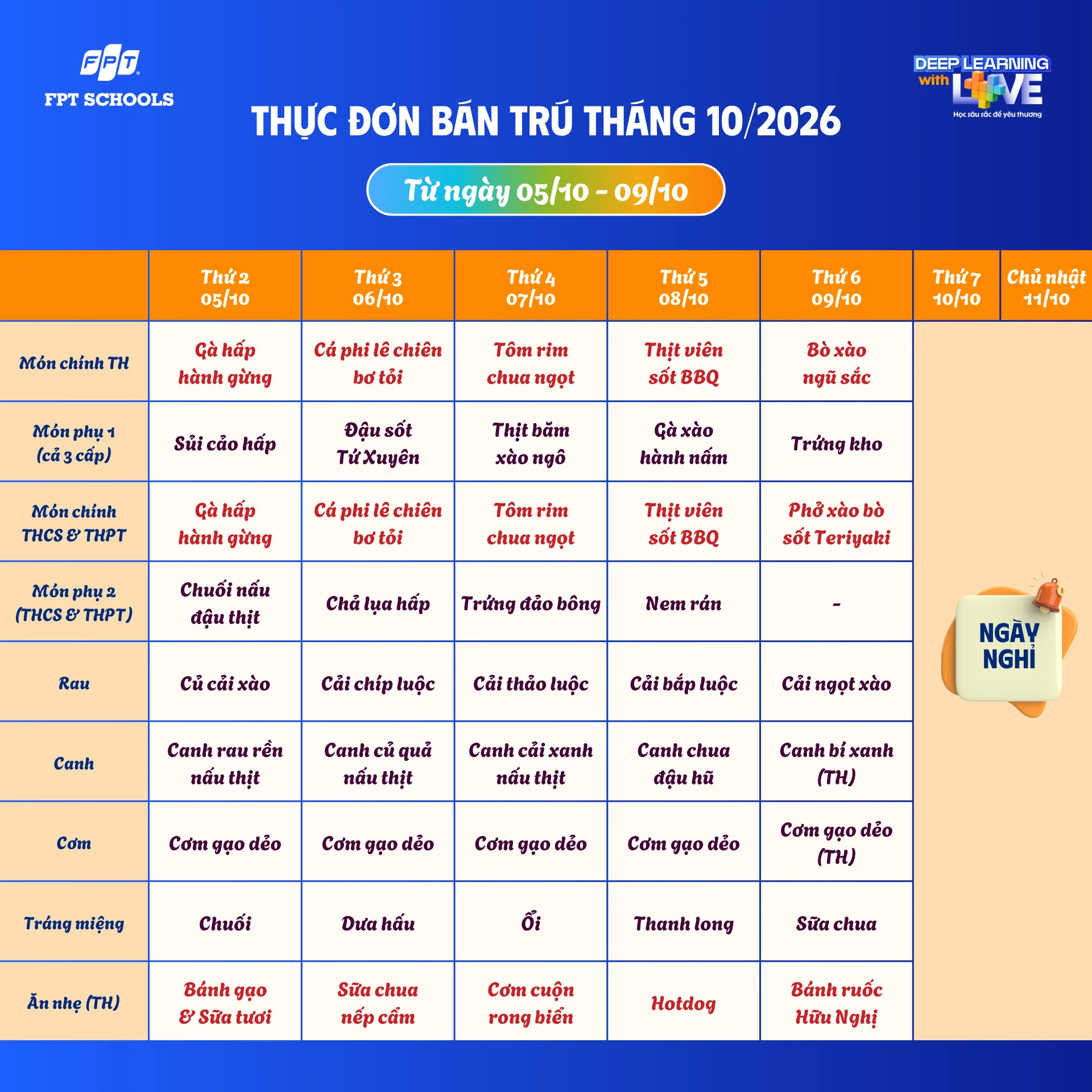 Thực đơn bán trú tháng 10/2026 tại FPT School Hà Nam