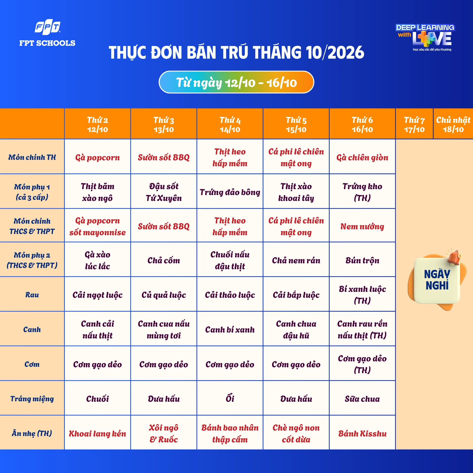 Thực đơn bán trú tháng 10/2026 tại FPT School Hà Nam