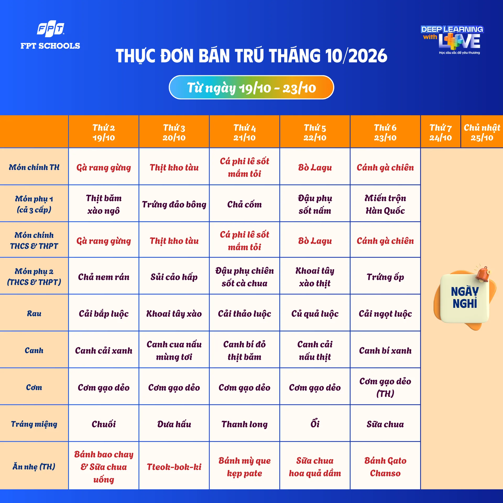 Thực đơn bán trú tháng 10/2026 tại FPT School Hà Nam