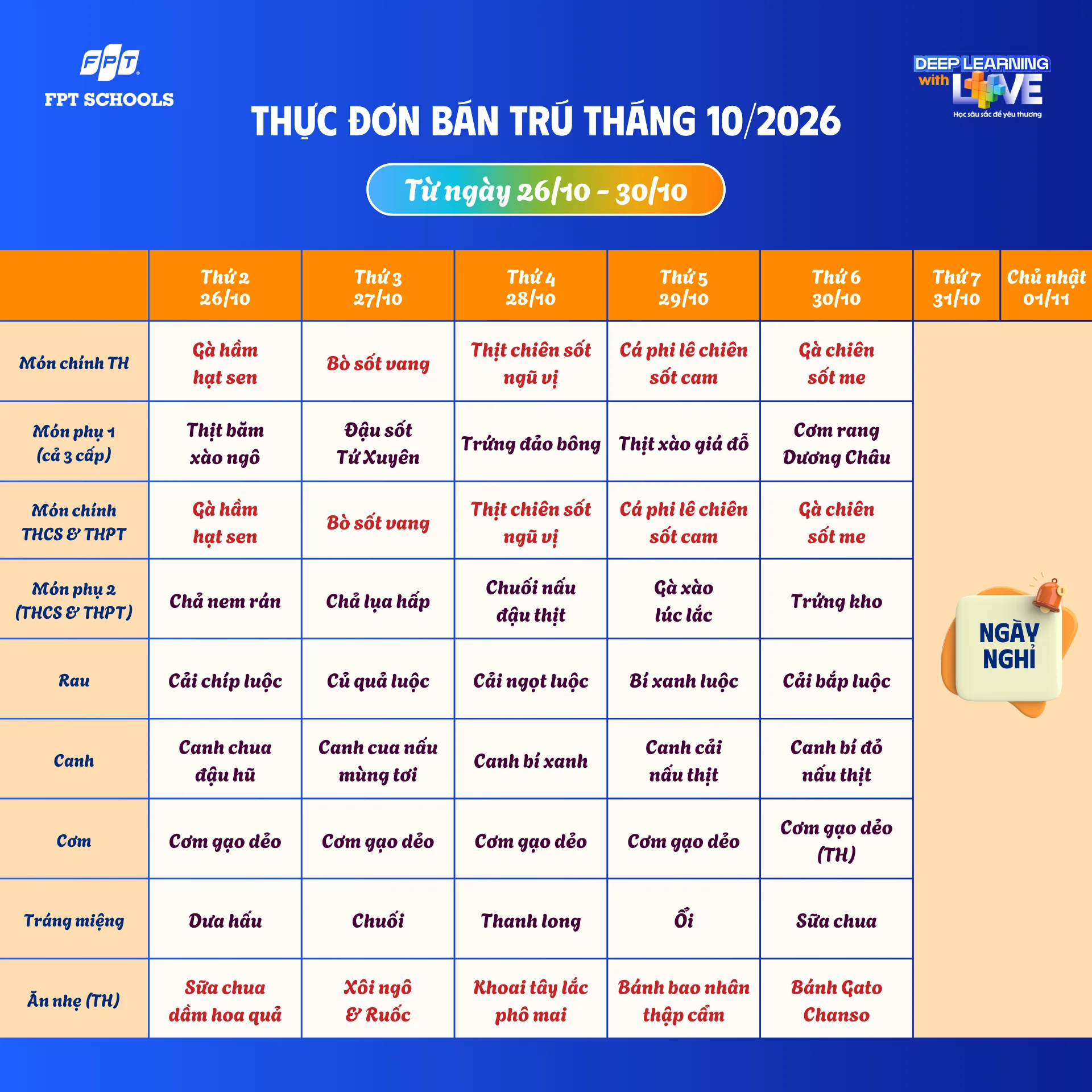 Thực đơn bán trú tháng 10/2026 tại FPT School Hà Nam
