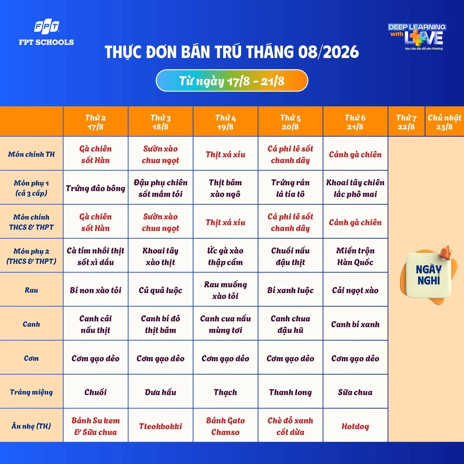 Thực đơn bán trú tháng 8/2026 – Sẵn sàng trở lại trường tại FPT School Hà Nam - FPT Education Thực đơn bán trú tháng 8/2026 – Sẵn sàng trở lại trường tại FPT School Hà Nam