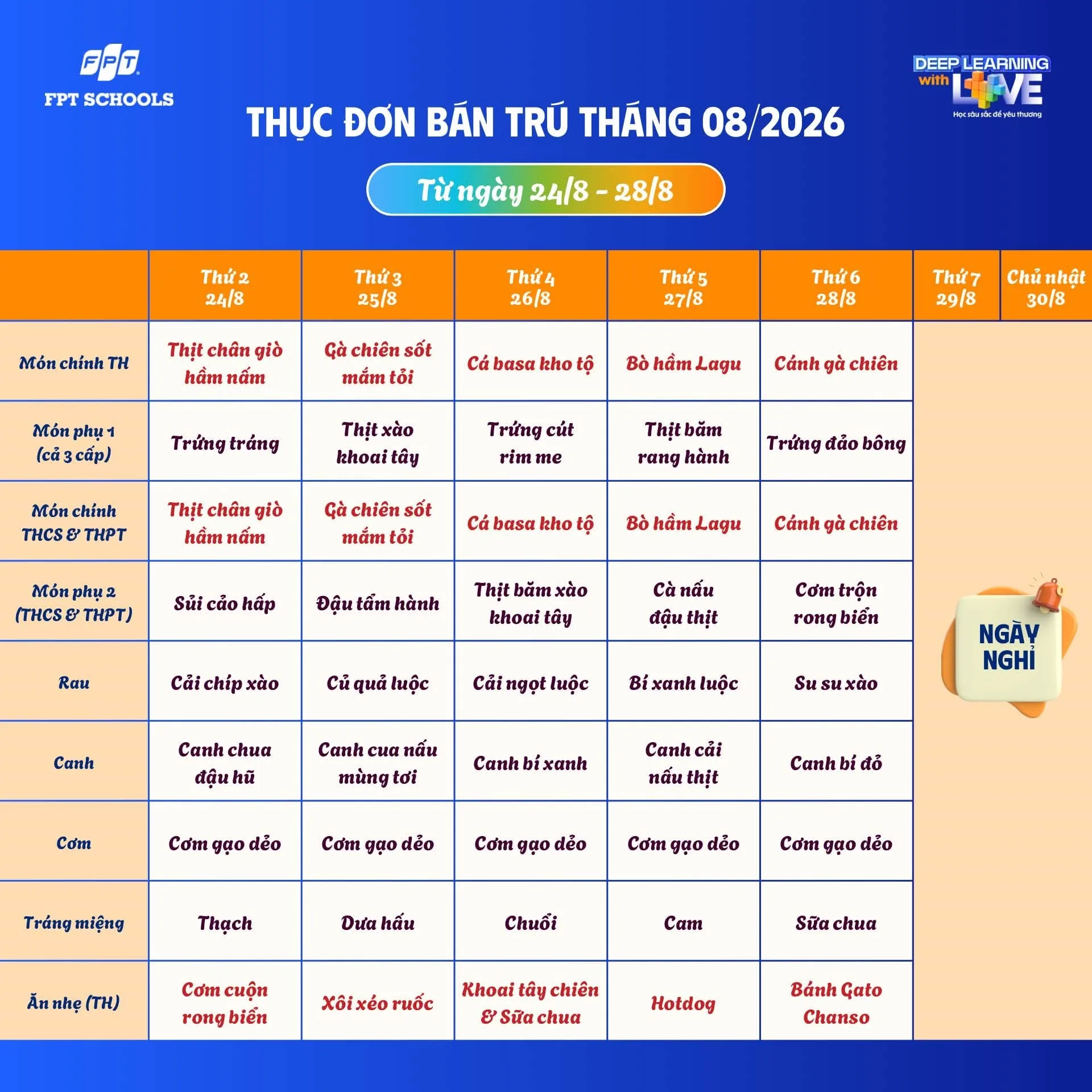 Thực đơn bán trú tháng 8/2026 – Sẵn sàng trở lại trường tại FPT School Hà Nam - FPT Education Thực đơn bán trú tháng 8/2026 – Sẵn sàng trở lại trường tại FPT School Hà Nam